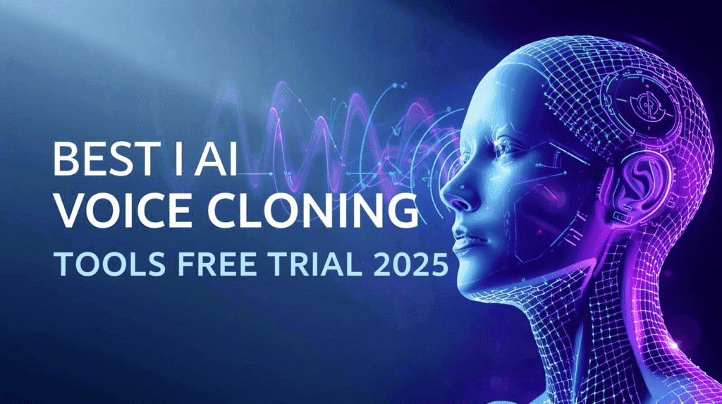 Best AI Voice Cloning Tools Free Trial 2025 – futuristic French-style tech illustration with glowing sound waves and AI avatar.