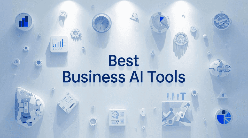 French style modern featured image showing Best Business AI Tools with AI dashboards, analytics charts, and automation icons