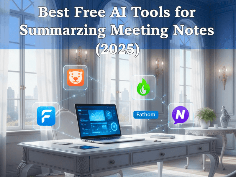 French-style modern featured image with the title “Best Free AI Tools for Summarizing Meeting Notes (2025)” displayed on a sleek AI-themed background.