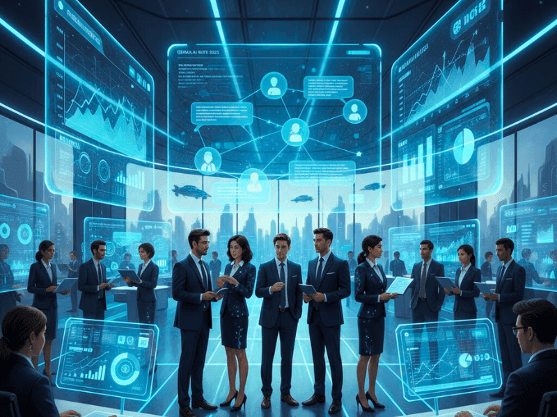 Futuristic team collaborating with best business AI tools in 2025 holographic office for workflow automation.