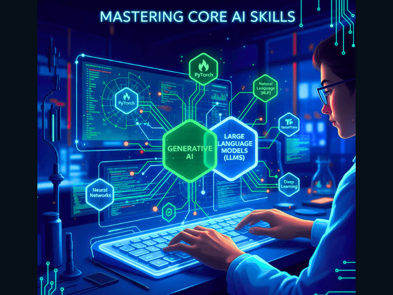How to choose the right AI certification for data science 3 Illustration of core AI skills in AI certification for data science: Generative AI, LLMs, PyTorch, TensorFlow with hands-on coding.