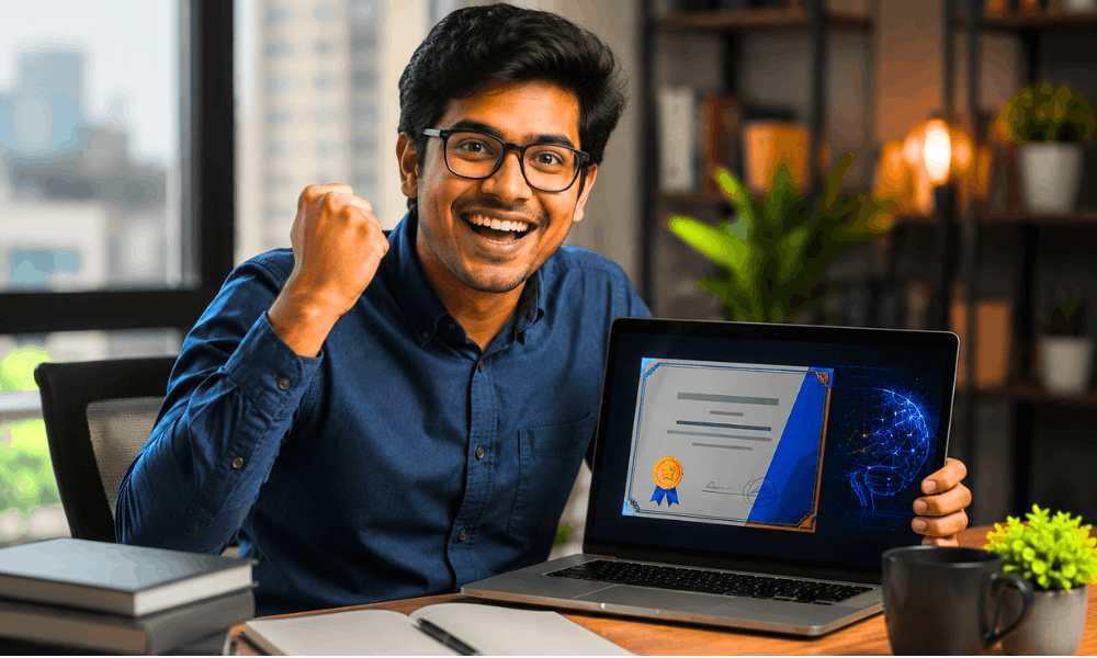 Free AI Course for Beginners No Coding – beginner celebrating AI course completion with a digital certificate.