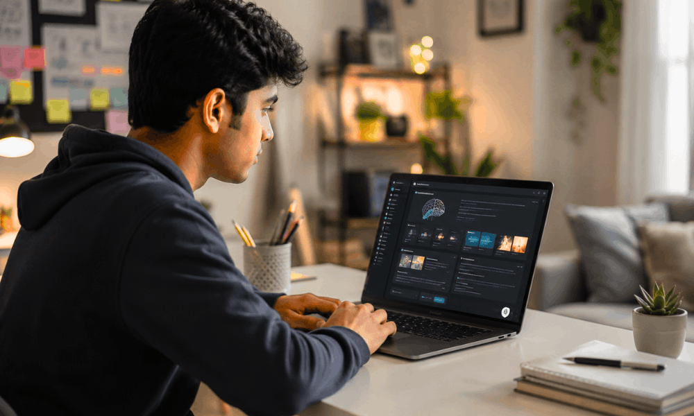 Free AI Course for Beginners No Coding – student learning AI tools on a laptop at home.