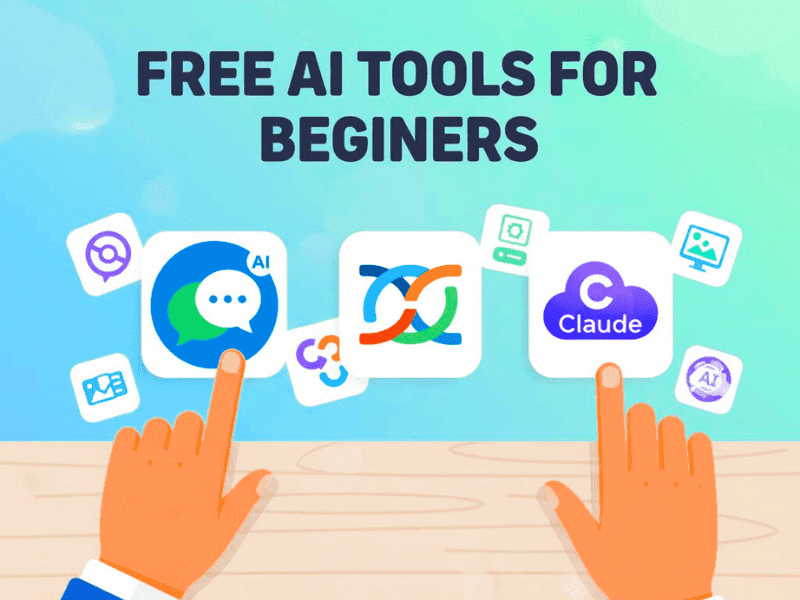 Vibrant free AI tools icons ChatGPT Gemini Claude beginners desk interaction colorful.