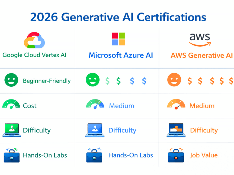 Which gen AI certification is best - Google vs Microsoft vs AWS Generative AI Certifications Comparison 2026.