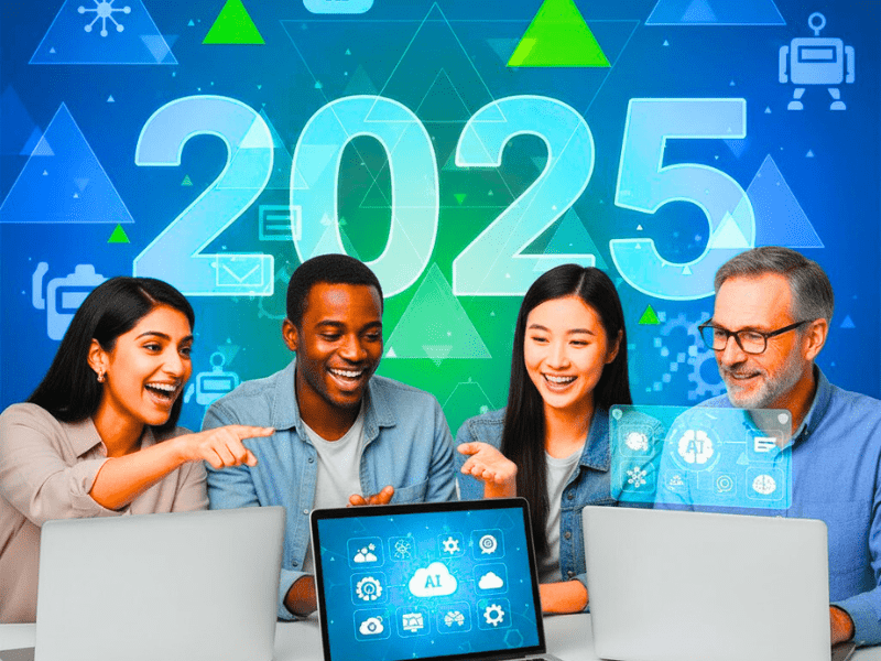 Diverse beginners smiling while learning free AI course for beginners no coding on laptops, motivational 2025 AI theme.