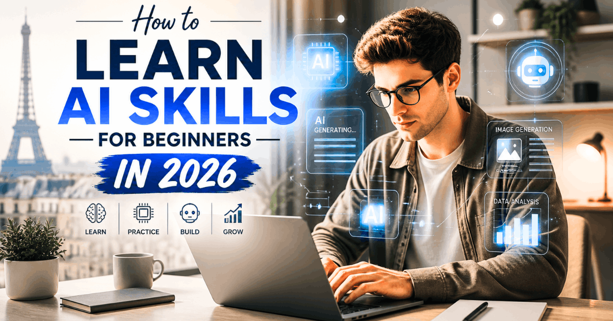 A beginner learning AI skills on a laptop with futuristic AI interface, modern workspace, and text “How to Learn AI Skills for Beginners in 2026” displayed prominently.