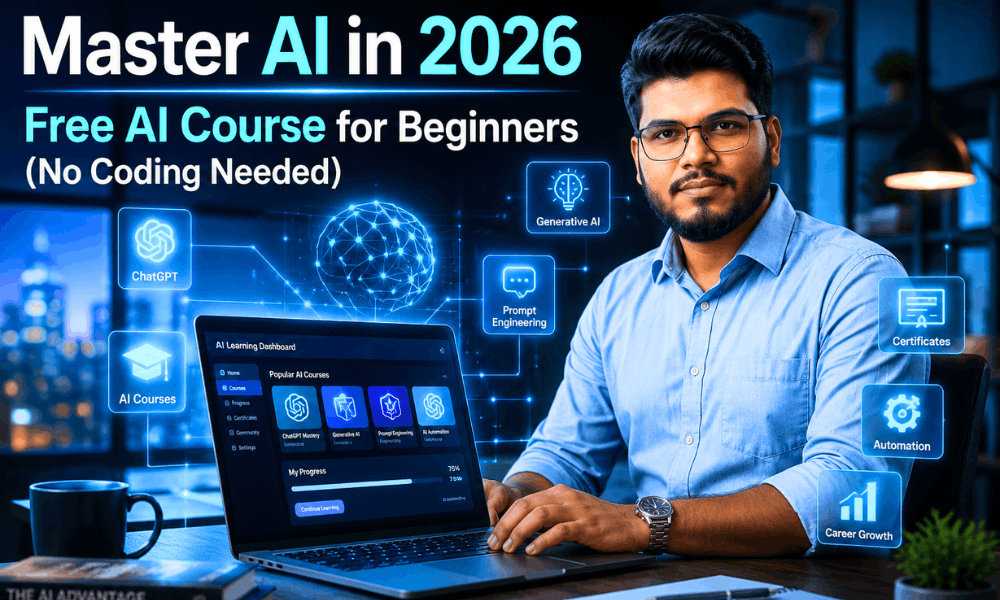 Master AI in 2026 – Free AI Course for Beginners No Coding featured image with AI learning dashboard.