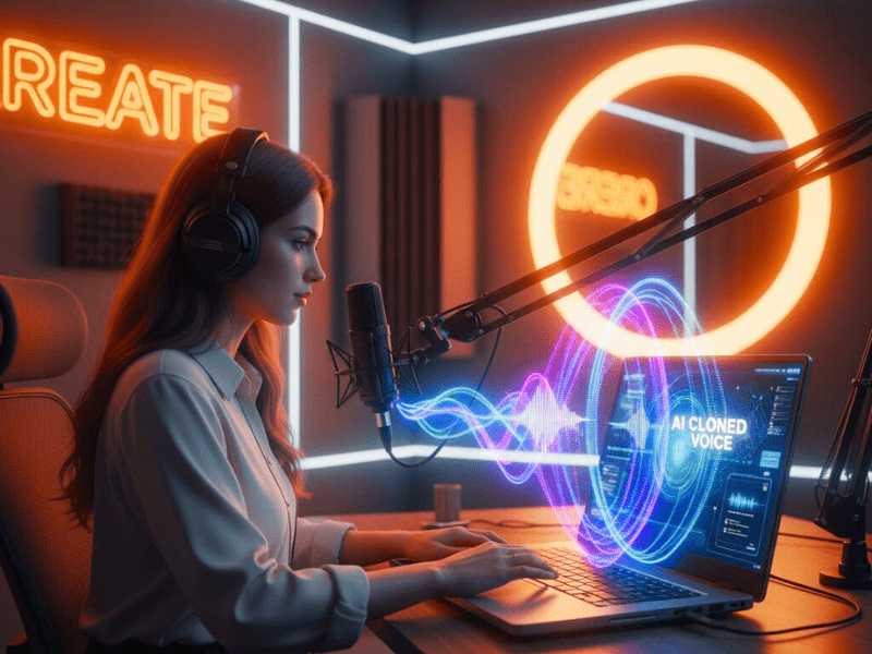 AI voice cloning tools free trial 2025: Podcaster using dynamic AI cloning in modern studio with real-time voice waves.