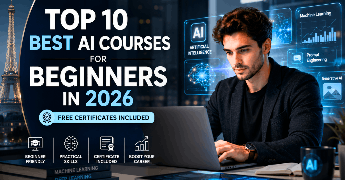 Top 10 Best AI Courses for Beginners in 2026 with free certificates, showing a modern AI workspace, machine learning dashboards, generative AI tools, and beginner-friendly AI learning environment.