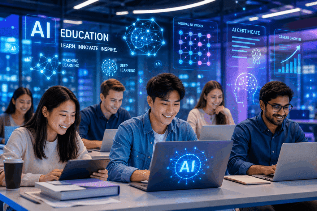 What Are the Best AI Courses for Beginners in 2026 - Students learning AI in modern futuristic classroom.