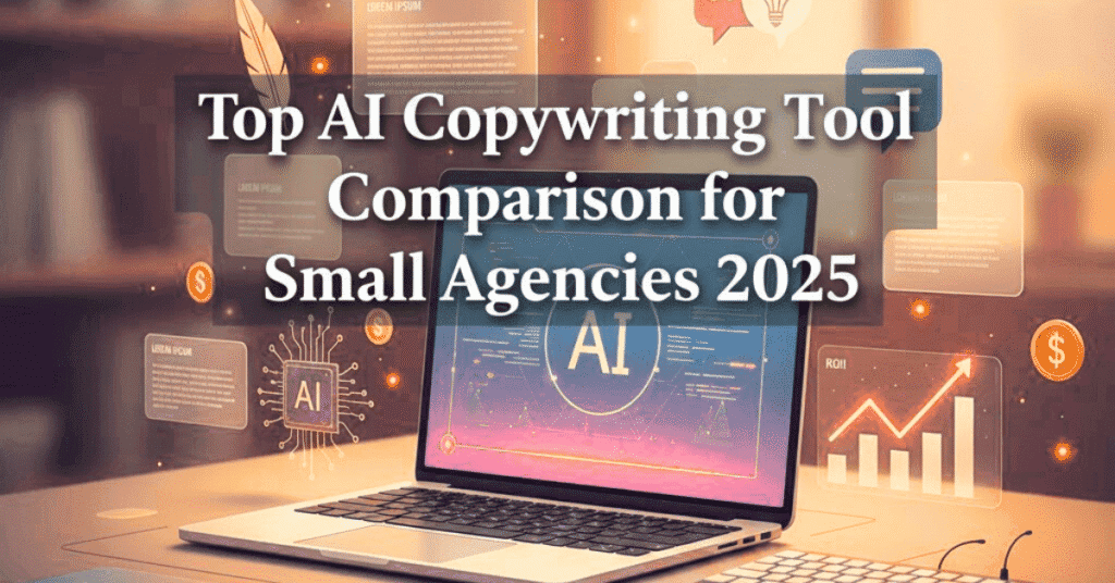 French-inspired featured image showing the title ‘Top AI Copywriting Tool Comparison for Small Agencies 2025’ with AI elements, laptop, ROI graph, and professional warm colors.