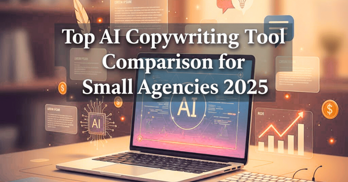 Top AI Copywriting Tool Comparison for Small Agencies 2025 1 French-inspired featured image showing the title ‘Top AI Copywriting Tool Comparison for Small Agencies 2025’ with AI elements, laptop, ROI graph, and professional warm colors.