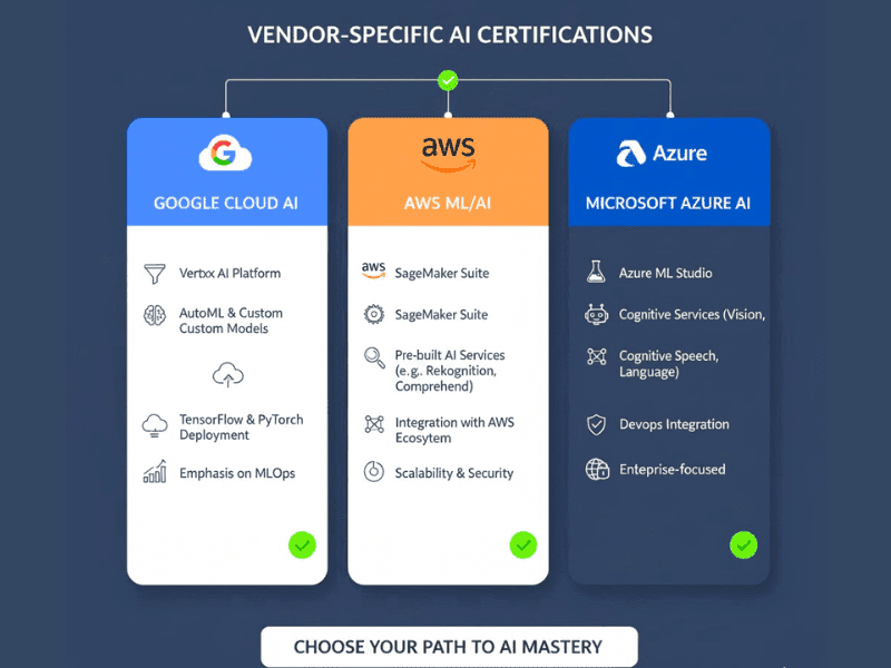 How to choose the right AI certification for data science 2 Comparison chart of vendor-specific AI certification for data science: Google Cloud, AWS, Azure icons with MLOps and deployment.