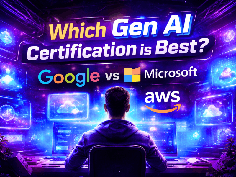 Which gen ai certification is best comparison image showing Google vs Microsoft vs AWS AI certifications with futuristic cloud and AI dashboard visuals for 2026 career guide.