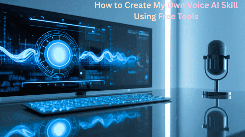 French-style modern featured image showing the title ‘How to Create My Own Voice AI Skill Using Free Tools’ with AI microphone, sound waves, and futuristic voice cloning elements.