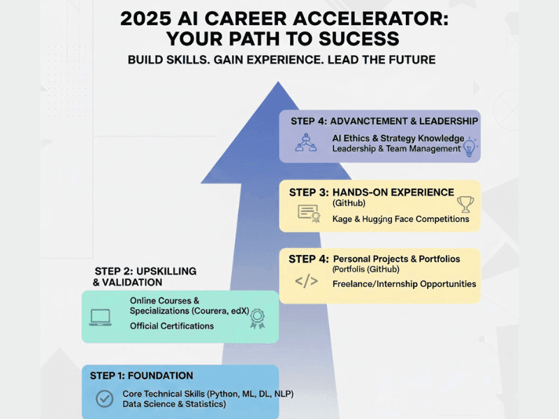Checklist infographic: How to build AI skills for career advancement in 2025, from foundation to leadership steps.