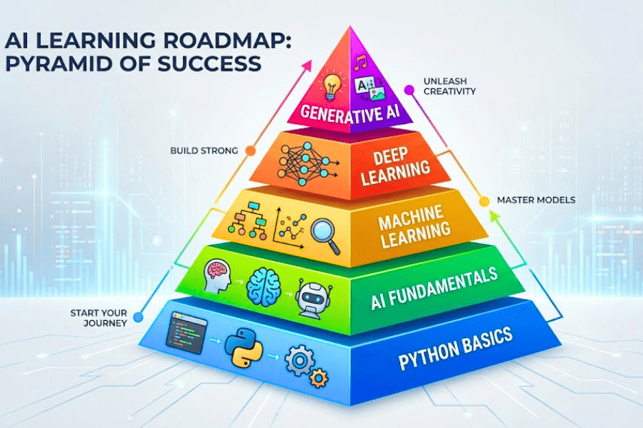 Step-by-step AI skills pyramid roadmap for beginners – where to learn AI skill for free online.