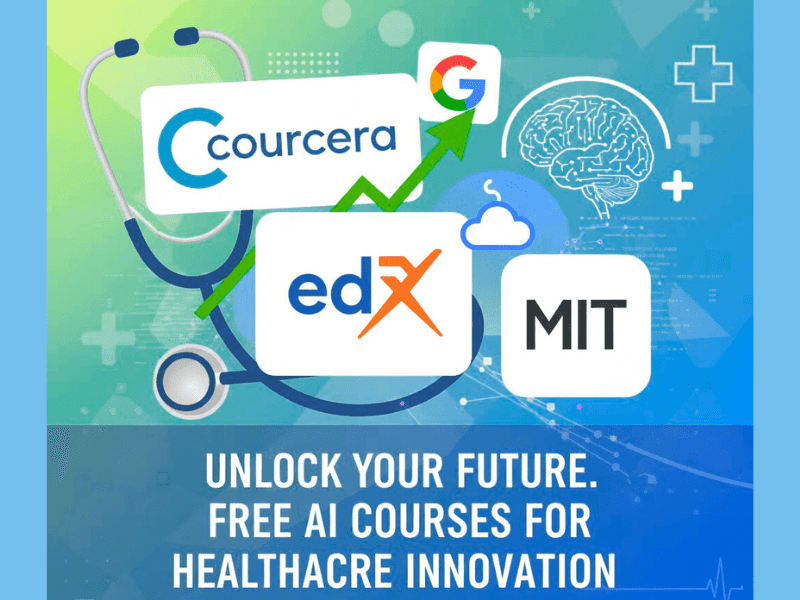 Colorful collage of free AI courses platforms Coursera, edX, Google, MIT with stethoscope and brain icons for healthcare professionals.
