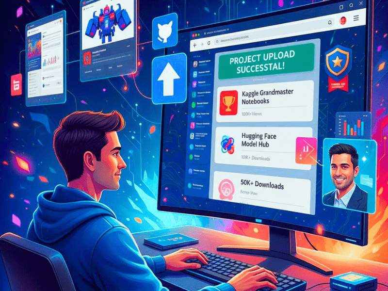 Illustration: How to build AI skills for career advancement by uploading hands-on projects to Kaggle and Hugging Face portfolio.