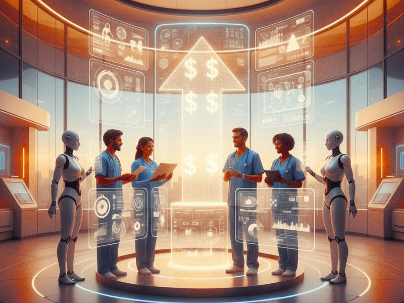 How AI is Boosting Salaries in Healthcare Jobs: visionary future of diverse professionals with holographic AI and upward salary arrows in high-tech clinic 2026.