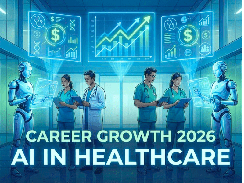 How AI is Boosting Salaries in Healthcare Jobs 2026: futuristic hospital scene with doctors, robots, and rising salary graphs.