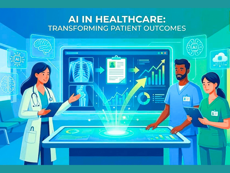 Illustration of healthcare professionals collaborating with AI on X-rays and data for better outcomes in free AI courses for healthcare professionals.
