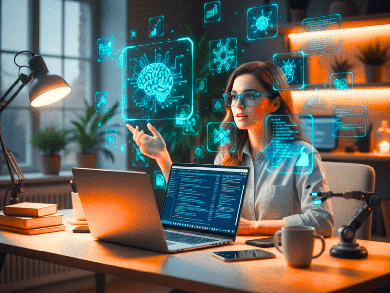 Professional exploring how are DeepLearning AI courses in futuristic home office with AI holograms and code.