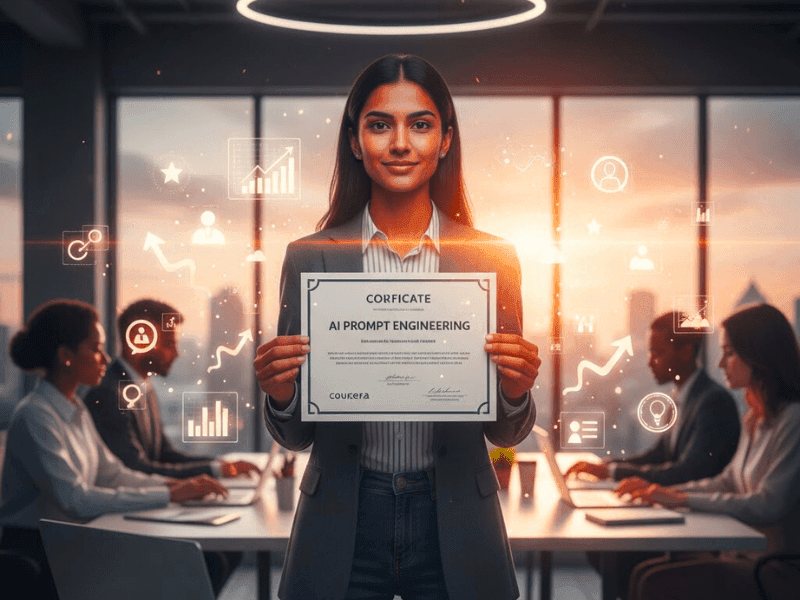 AI prompt writer jobs remote no experience certification: Diverse beginner holding Coursera AI Prompt Engineering certificate in modern workspace with success icons.