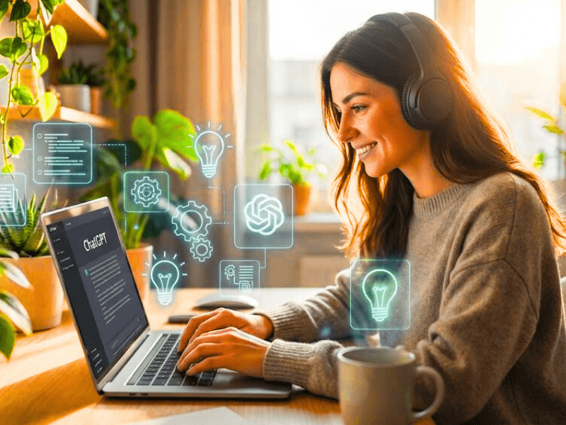 AI prompt writer jobs remote no experience: Young woman crafting prompts on ChatGPT in cozy home office with floating AI icons.