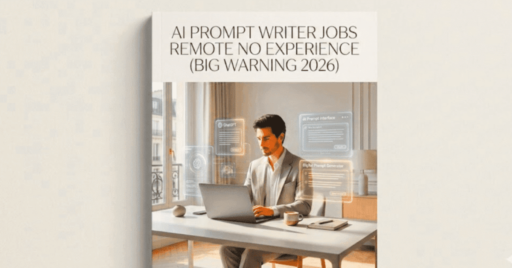 French-style featured image showing a remote AI prompt writer using LLM tools, with the title ‘AI Prompt Writer Jobs Remote No Experience (Big Warning 2026)’ in a clean Discover-friendly layout.