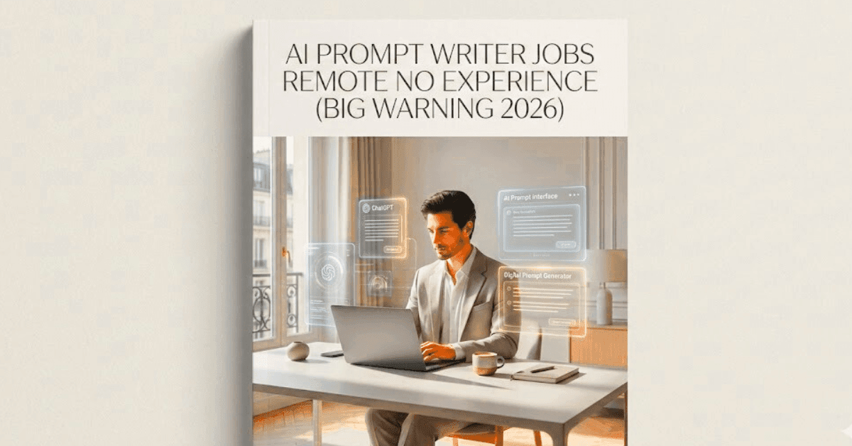 French-style featured image showing a remote AI prompt writer using LLM tools, with the title ‘AI Prompt Writer Jobs Remote No Experience (Big Warning 2026)’ in a clean Discover-friendly layout.