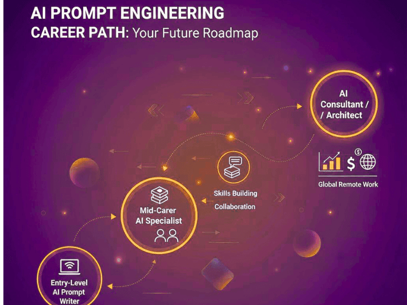 AI prompt writer jobs remote no experience roadmap: Infographic career path from entry-level to AI consultant with skills and remote work icons.