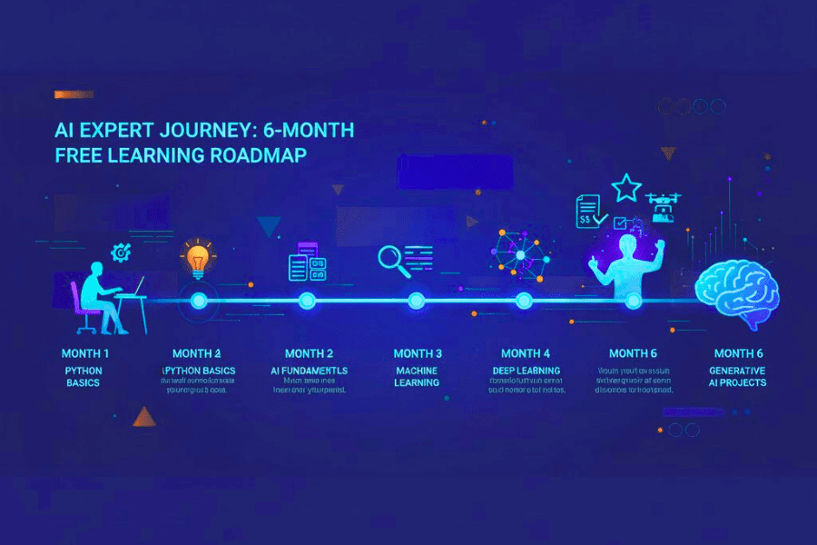 6-month free AI roadmap timeline from Python to GenAI projects – where to learn AI skill for free online.