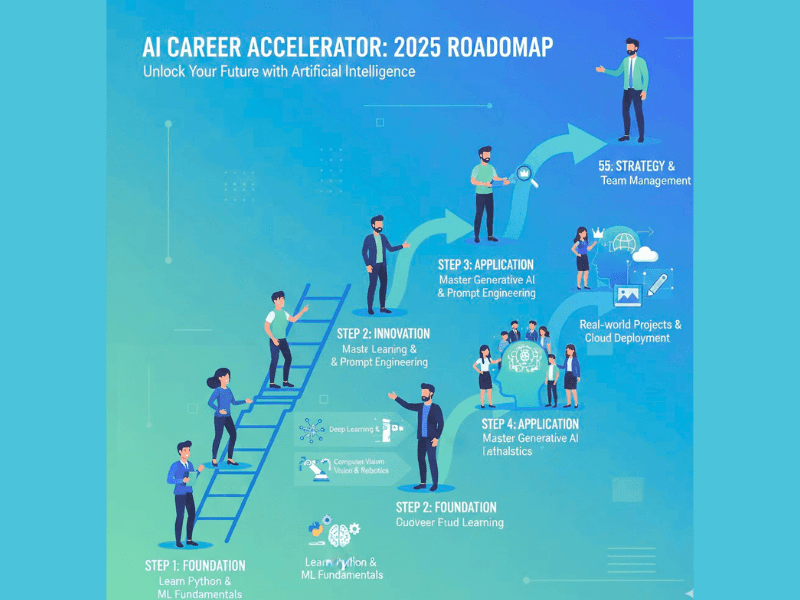 Infographic roadmap: How to build AI skills for career advancement in 2025, with steps from Python to team management.