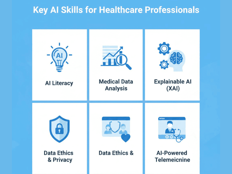 Icon-based infographic of key AI skills including literacy, data analysis, XAI, ethics, and telemedicine in free AI courses for healthcare professionals.
