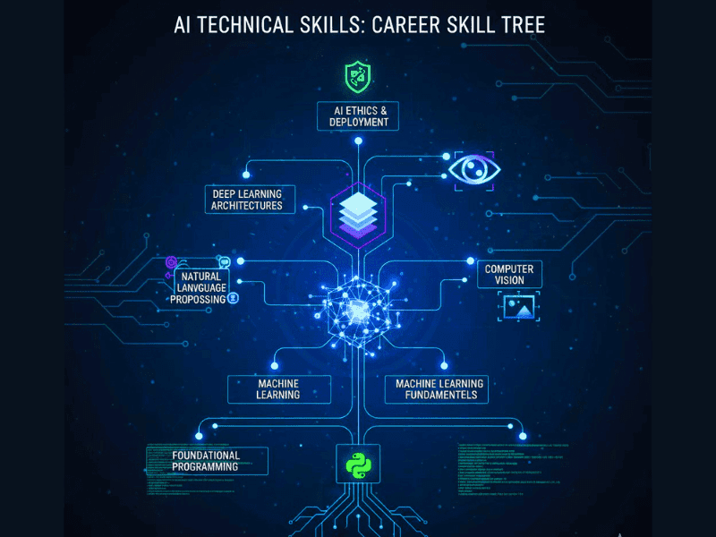 Skill tree infographic: How to build AI skills for career advancement, from Python to deep learning and deployment.