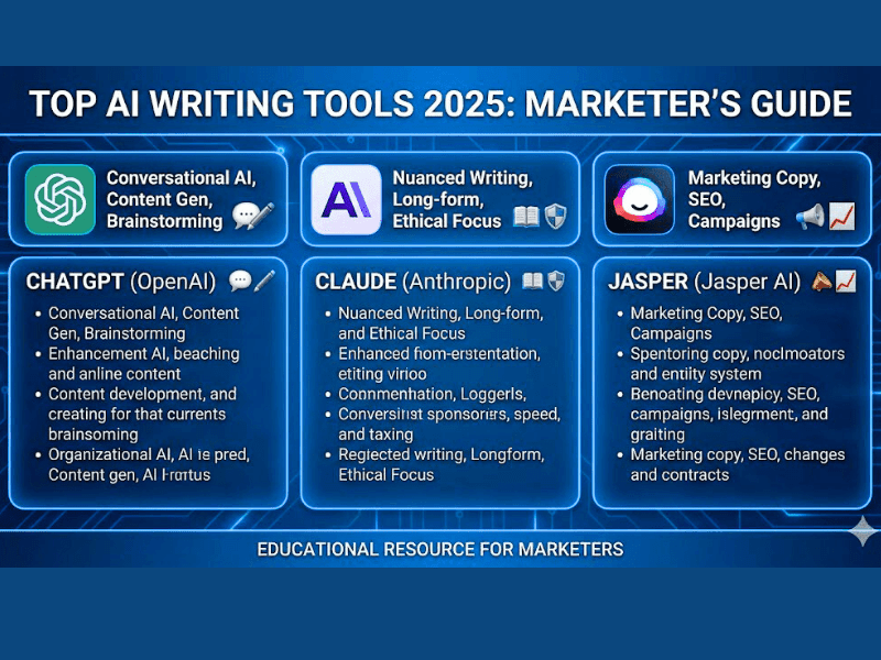 "Which AI tool is best for writing: infographic of top tools 2025 ChatGPT Claude Jasper for marketers".