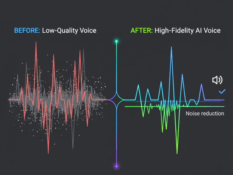 How to create my own voice AI skill: Before and after low-quality vs high-fidelity AI voice waveform with noise reduction visuals.