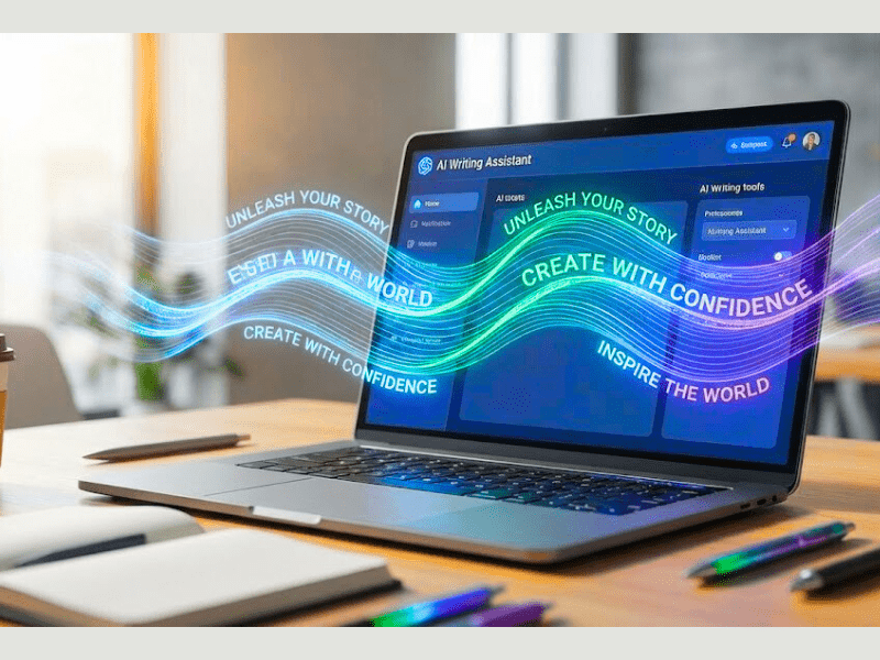 Which AI tool is best for writing: motivational hero image of AI writing assistant on modern laptop with digital waves