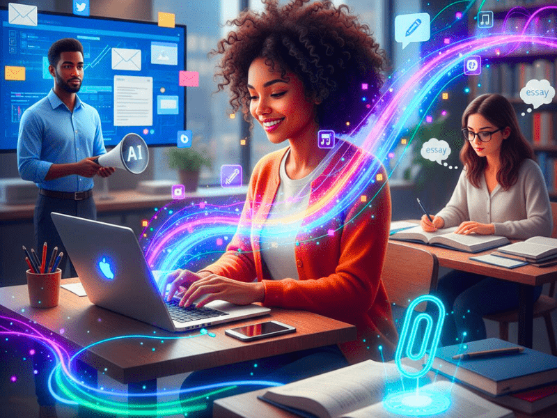 "Which AI tool is best for writing: diverse use cases illustration of blogger marketer student with AI elements".