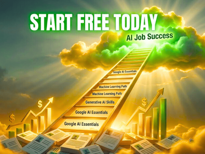 How to get Google AI certification for free: Inspirational career ladder to AI job success with free Google steps, salary icons, and 'Start Free Today'