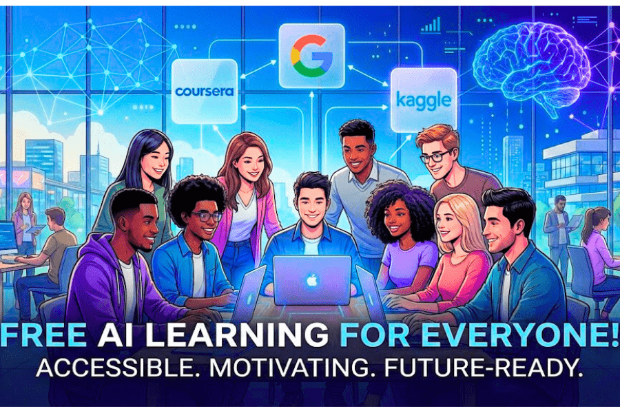 Diverse professionals exploring free AI platforms like Coursera, Google, Kaggle – where to learn AI skill for free online.