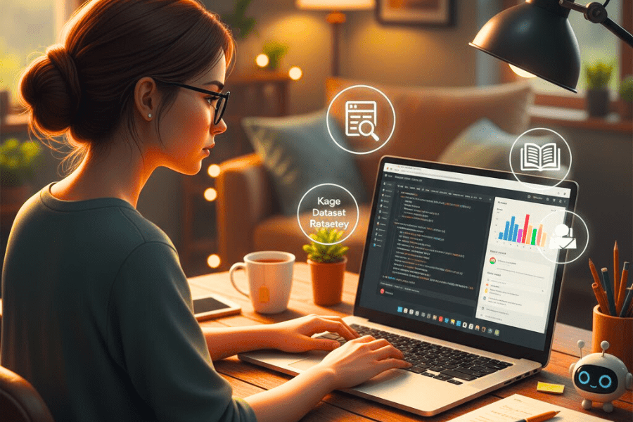 Beginner coding AI in cozy home with free datasets and tools like Kaggle – where to learn AI skill for free online.