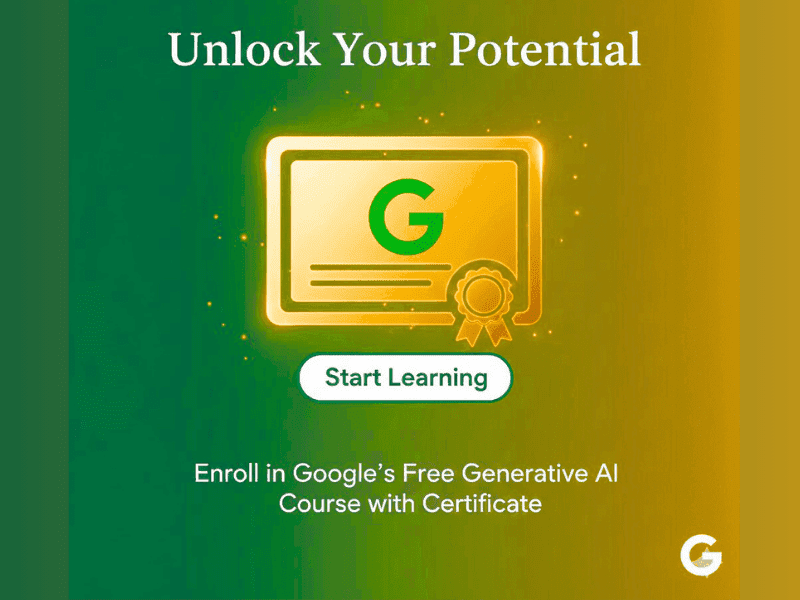 Generative AI free course with certificate by Google call-to-action banner with glowing certificate and start learning button.