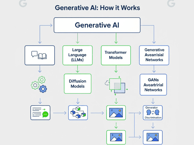 Generative AI free course with certificate by Google flowchart diagram of LLMs, Transformer Models, Diffusion Models, and GANs.