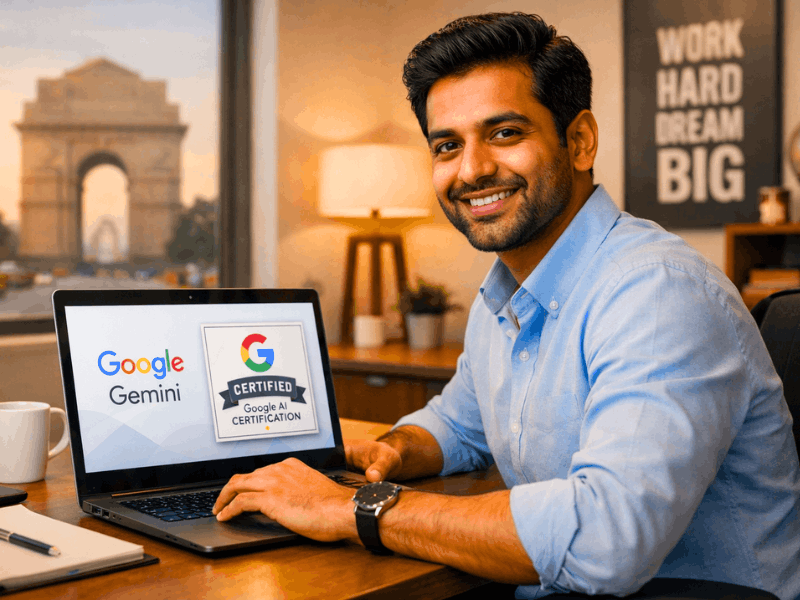 What is Google AI Certification - Young professional completing Google AI Certification course on laptop with Gemini.