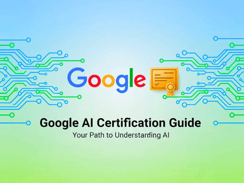 What Is Google AI Certification banner: Google logo, certificate icon, and futuristic AI neural networks in blue-green tones for beginners.