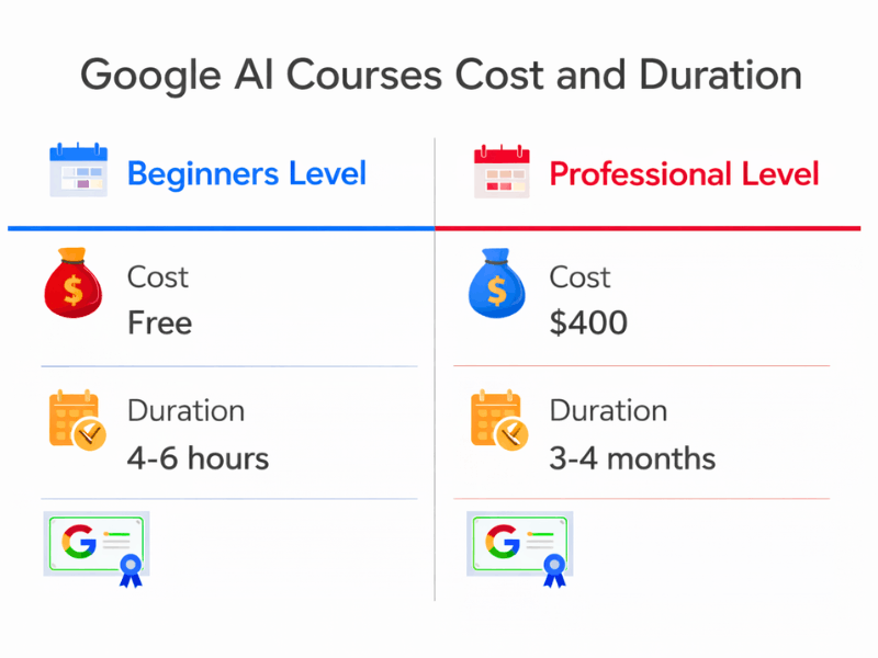What is Google AI Certification - Google AI Courses Cost and Duration for beginners vs professional level.