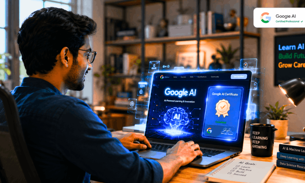 generative ai free course with certificate by google essentials - professional learning on laptop.